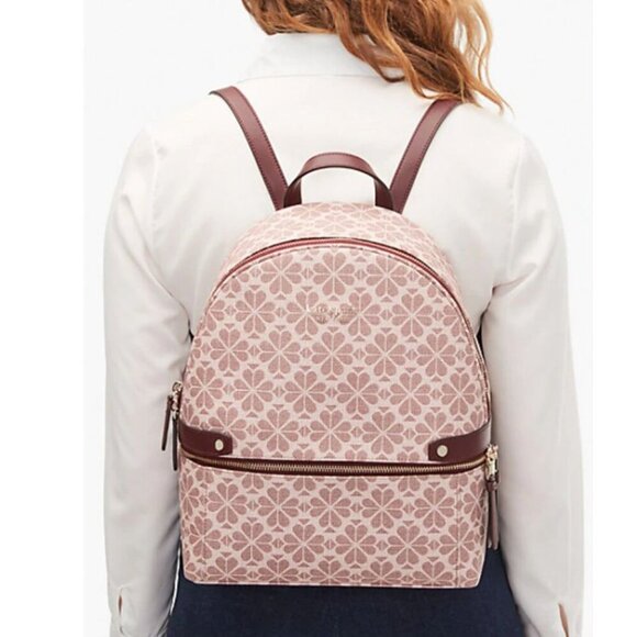 Kate Spade Large Backpack Flower Jacquard Beige Coated Canvas Leather Pockets - Picture 4 of 11